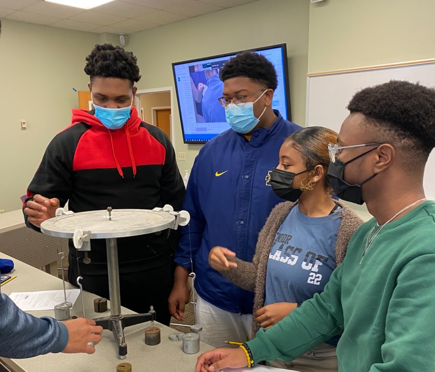 Students from Mrs. Christy Creel's AP Physics class take part in hands-on activities during the Martin Luther King Jr. Advanced STEM Winter Program. Pictured, from left: Kenterrious Everson, Sultan Seales, T’kenzley Moore, and Kameron Tucker.